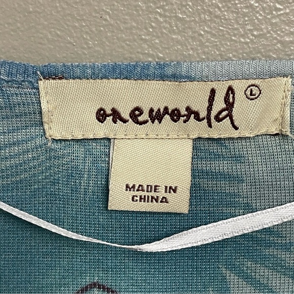 Women's One World Large Boho 3/4 bubble sleeve blouse blue green art to wear - Picture 2 of 12